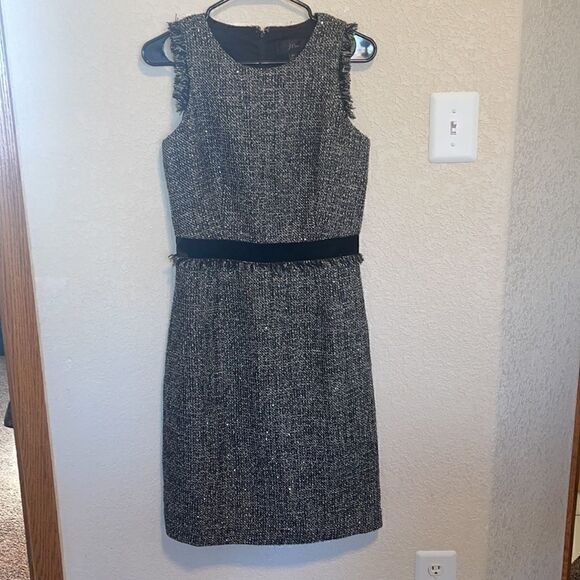 J. Crew - Sparkle Tweed Dress with Velvet Trim Fringe Hems, Black & Gold, 2 Tall - Picture 2 of 7
